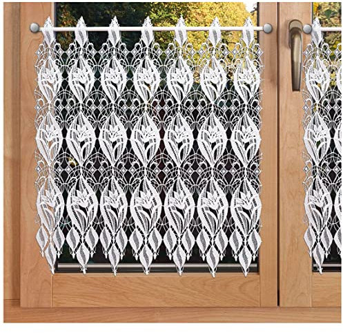 Spitzen-Kurzgardine Valea |aufwändig gesticktes Sockel-Panneaux | Luftspitzen-Stickerei mit Blüten und Ornamenten | Scheibenhänger aus Vogtländischer Spitze | Höhe x Breite 60 x 110 cm