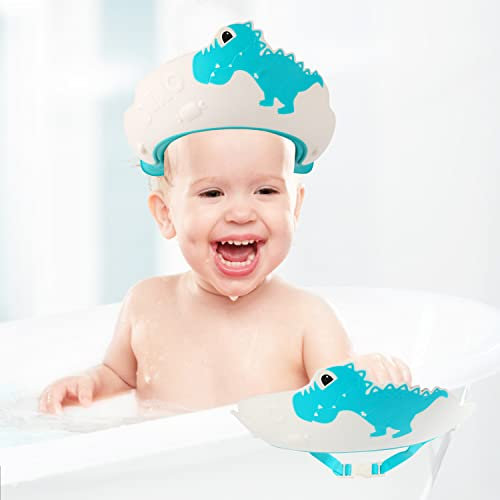 JOFONY Duschhaube Kinder,Haarwaschhilfe Kinder,Verstellbarer Haare Waschen Kinderschutz,Silikon Augenschutz Schutzkappe für Babydusche und Shampoo(Dinosaurier Blau)