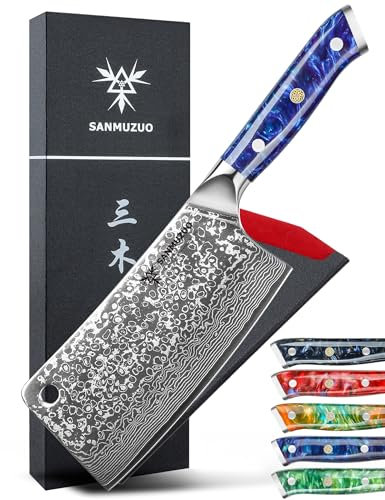 SANMUZUO Damas Feuille de Boucher, Couteau de Cuisine Chinois Professionnel Couperet de Cuisine en VG-10 67 Couche Damas Acier avec Poignée en Résine(Bleu Saphir) - Xuan Série