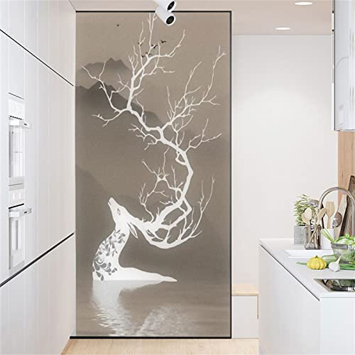 Blickdicht Sichtschutzfolie, Statische 3D Fenster Dekorfolie Milchglasfolie Selbsthaftend,Anti-UV Für Zuhause Badzimmer Oder BüRo-Weißer Hirsch(44.5cmx200cm)