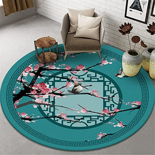 Highdi Tapis Rond Salon, Style Chinoise Moderne Tapis de Sol Décoration Antidérapant pour Salon Chambre Cuisine Balcon Terrasse Salle à Manger Intérieur & Extérieur (120cm,Migpie Bleu)