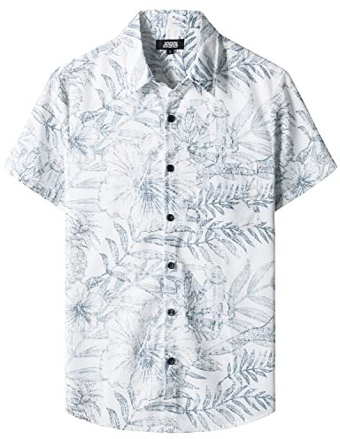 JOGAL Mens Floral Hawaiian Shirt Short Sleeve Casual Button Down Aloha Beach Shirts with Pocket White Medium