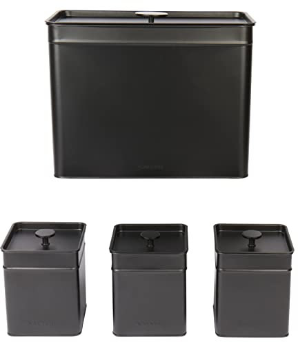 Salter BW12614EU7 Kuro 4 Piece Kitchen Storage Set - Large Bread Bin With Lid, Set Of 3 Canisters, Tea, Coffee, Sugar Caddy, Black Powder Coated Finish, Long Lasting Freshness, Easy Clean