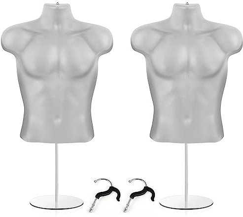 Geetery 2 Stück männliche Schaufensterpuppe Torso mit Ständer hohler Rückseite Kleid Form Mannequin Körper weiß Einzelhandel Schaufensterpuppen Körper T-Shirt Display mit Metallstange und Haken zum