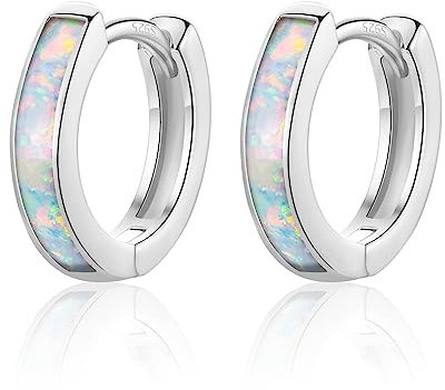 Silver Hoop Earrings for Women Girls, 925 Sterling Silver Hypoallergenic Huggie Hinged Hoops, White Opal Earrings Jewelry Gifts for Birthday Mothers Day