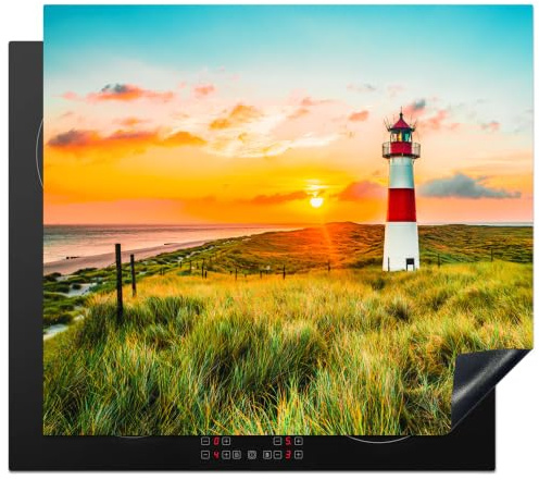 KitchenYeah© Herdabdeckplatte Einteilig Herdabdeckung Abdeckplatte für | 57x51 cm - Ceranfeld Abdeckung Induktionskochfeld Aufrollbare Matte Leuchtturm - Sonne - Landschaft - Gras - Strand - Meer