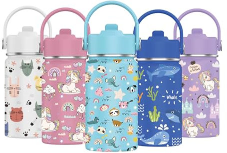 Mi Ko Mi Ka Botella de Agua para Niños de Acero Inoxidable 350ml - Térmica Reutilizable | Sin BPA | Mantiene 24H Frio / 12H Calor | Termo y Hermética - A Prueba de Fugas (Animales #D)