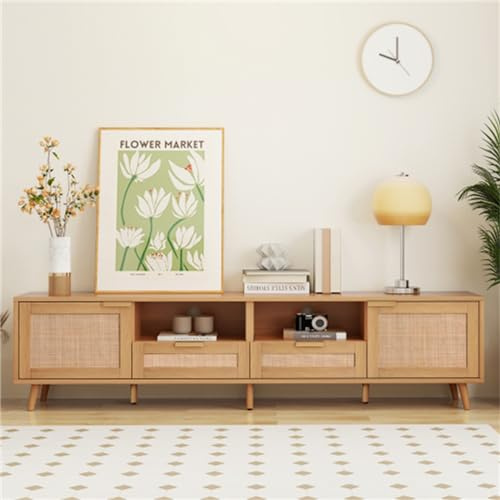 Mueble de TV con diseño de ratán auténtico y patas de madera maciza. Trenzado fácil de montar. Aspecto natural (200 x 37 x 49 cm). Disponible en dos colores (Natural)