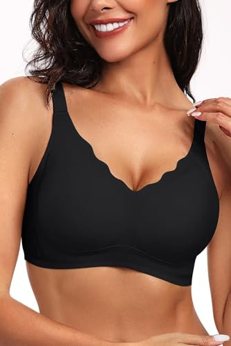 Vertvie Bras for Women Non Wired Seamless Wireless Push Up Bra Comfort Support Full Coverage Bralettes Scalloped Padded Sports Everyday Bra (Black,S)
