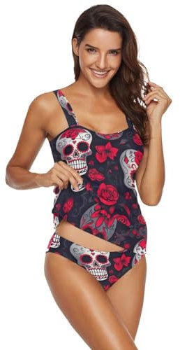 CHIFIGNO 2-teiliger Damen-Tankini-Badeanzug, Tankini-Top mit Bikiniunterteil, bescheidene Bademode, Sugar Skulls Red Flowers, Medium