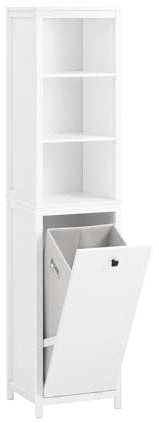 SoBuy Hochschrank Badezimmer Schrank Badschrank schmal mit Wäschesack Wäscheschrank Badregal Badezimmerschrank Badezimmermöbel Weiß BHT ca. 40x173x35cm BZR95-W
