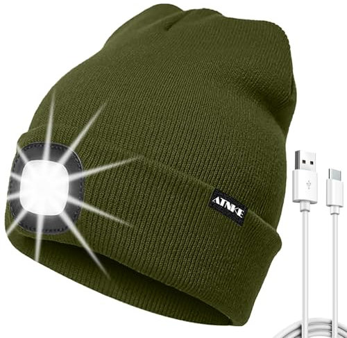 ATNKE LED Mütze mit Licht, USB Typ C Wiederaufladbare 4 LED Beleuchtete Laufmütze Extrem Heller Lampe Winter Warme Stricken Mütze für Herren und Damen Geschenke/Army Green