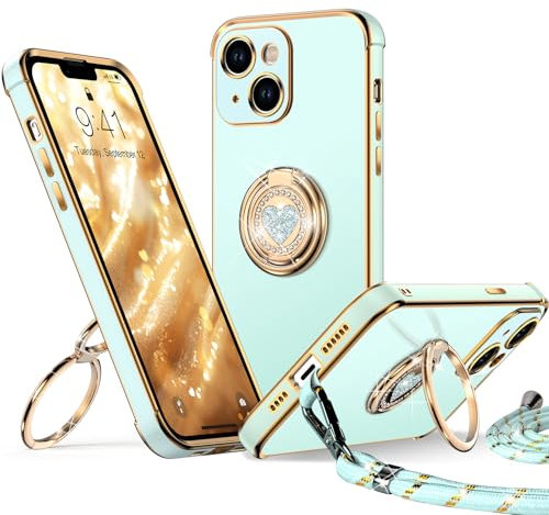 XYZ for iPhone 13 Mini Case with Stand, Double Ring Holder Case Heart with Lanyard for Girls Women, Luxury Cute Bling Minitective Phone Cover Case for iPhone 13 Mini, Green