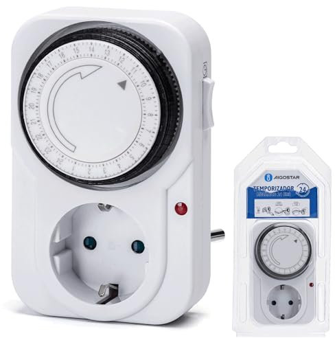 Temporizador mecánico de 24 Horas con Enchufe, Color Blanco, Ideal para programar Dispositivos eléctricos y gestionar el Uso de energía.