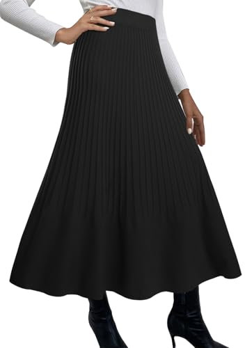 Adigaber Women's Long Skirts High Waist Knitted Pleated Skirt A-Line Elasticated Waist Winter Skirt Black