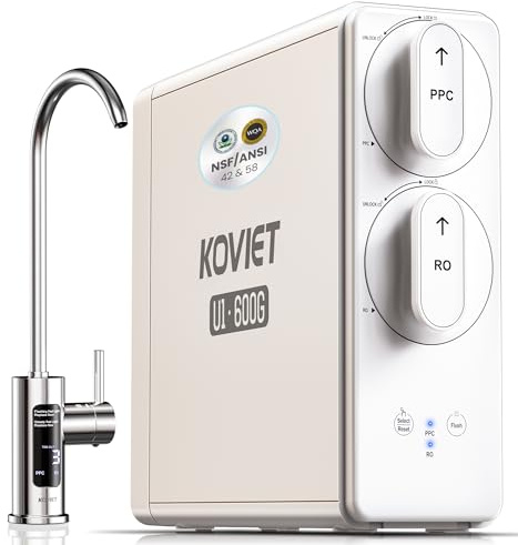 KOVIET Sistema de ósmosis inversa, filtro de agua de ósmosis inversa sin tanque de 10 etapas 600 GPD, sistema de filtración de agua RO debajo del fregadero con llave LED inteligente, certificado NSF