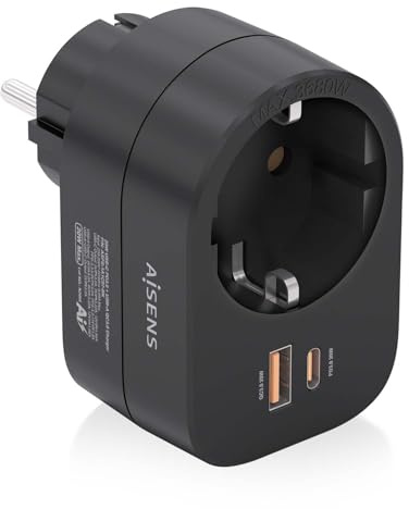AISENS ASPS-1A1C07-BK Multifunktions-Steckdosenleiste mit 1 Steckdose + 1 x USB-C 20 W PD3.0, 1 x USB-A, 20 W, QC3.0, Schwarz