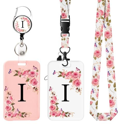 2 pièces Porte Badge avec Lettres A-Z, Lanière Détachable et Clip Rétractable, Porte Cartes Personnalisé avec Enrouleurs de Badge pour Femmes Infirmières Enseignants Étudiants Bureau (I)