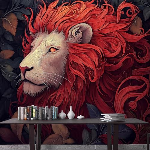 Papier Peint 3D Panoramique Lion rouge majestueux Fantasy sombre 200 x 140 cm Papier Peint intissé pour Chambre Salon Photo Murale Personnalisé Décoration Murale
