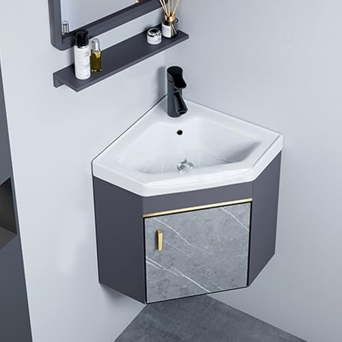 STCERY Eckwaschtisch mit Unterschrank, Waschbeckenunterschrank, Badschrank hängend, Klein Keramik Waschbecken, Mit Heißem Und Kaltem Wasserhahn, für Badezimmer, Waschküchen(38cm/15in)