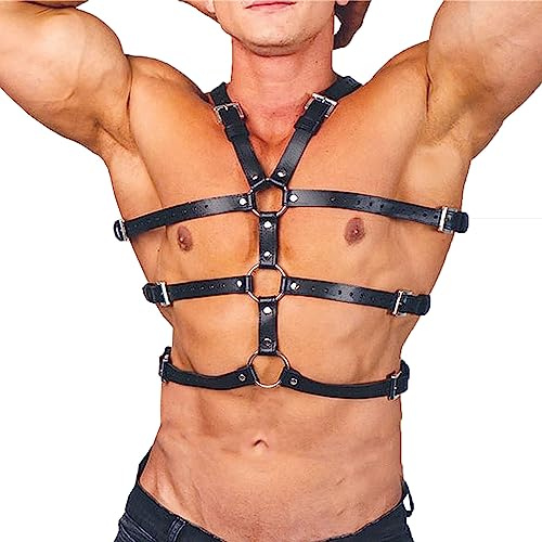 Leder Harness Herren Sexy Dessous Oberkörper Punk Brust Body Harness Outfit | Sexy Brust Body Harness Verstellbarer Gothic Bondageset Reizwäsche Gürtel für Rave Outfit Festival Halloween Cosplay Karneval