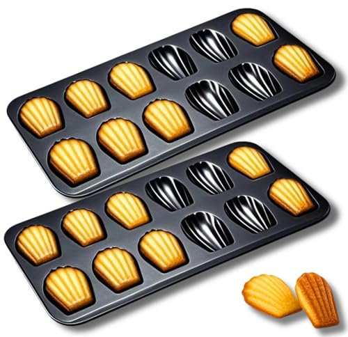 OlBuWa 2 Stück Madeleines Backform, 12 Mulden Madeleine Form, Antihaftbeschichtet Karbonstahl, Madeleines für Ofen Backen Brot Schokolade Muffin Brownie 40x 24 cm (Schwarz)