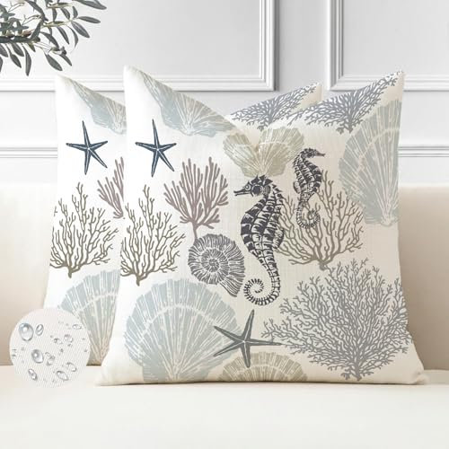 Miuyunya 2 Stück Outdoor Kissenbezüge Ozean Strand 40x40 Wasserfest Wohnzimmer Kissen Maritim Seepferdchen Koralle Kissenbezug Wasserfeste Dekorative Kissenhülle für Sofa Wohnzimmer Zierkissenbezüge