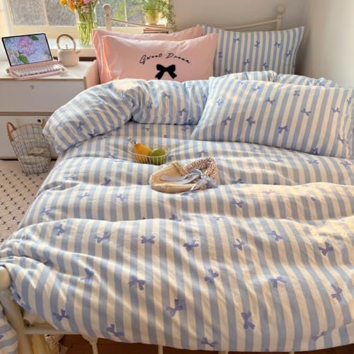 Covebett Bettwäsche 135x200 Weiß Blau Streifen Schleifen Bettbezug Set Microfaser Aesthetic Kawaii Gestreift Mädchen Kuschelig Deckenbezug und Kissenbezug 80x80 mit Reißverschluss