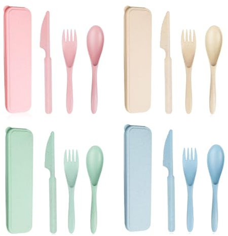 4 Pcs Travel Cutlery Set Reusable PP Plastic Spoon Knife and Fork Set with Case Camping Cutlery Set for Work Home Students School Travel Lunch Picnic Daily Use (4 Colors)