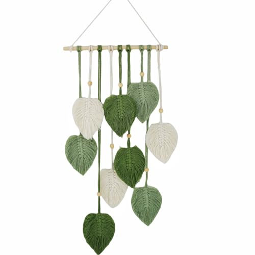 Avoik Makramee Wandbehang Boho Deko Handgemacht Makramee Wandteppich Grün Blätter Tapisserie mit Holzperlen Wandteppich für Schlafzimmer Wohnzimmer Kinderzimmer Hochzeit Wanddeko, 25x55 cm