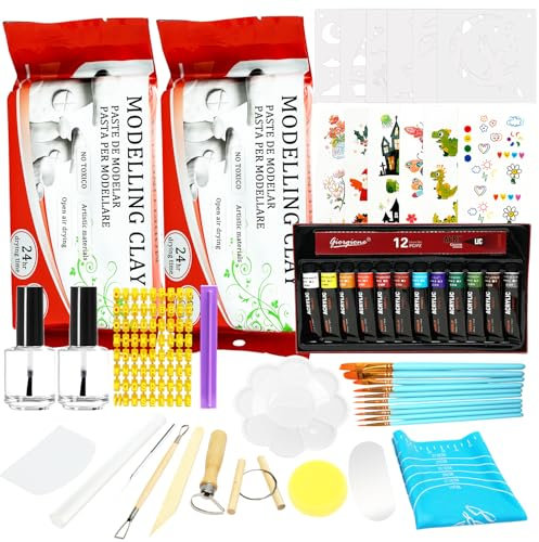 Set di ceramica pottery kit per adulti e bambini, Include: argilla essiccata all'aria, strumenti di produzione, vernice, pennello, adesivi, motivi floreali, sigillanti