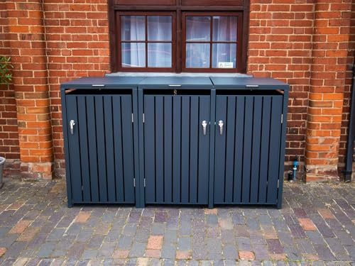 Triple Wheelie Bin Storage Unit with Soft-Close Lids, Anthracite Grey, 199cm x 80cm x 116cm, Galvanised Steel, Lockable