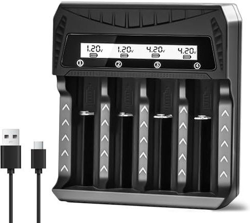 BOANV Chargeur de Batterie 18650, Chargeur Rapide avec écran LCD, Compatible avec Les Batteries Lithium-ION 3.7V 18650 26650 14500 16340 18500,1.2V Ni-MH/Ni-CD AA AAA (4 Baies)