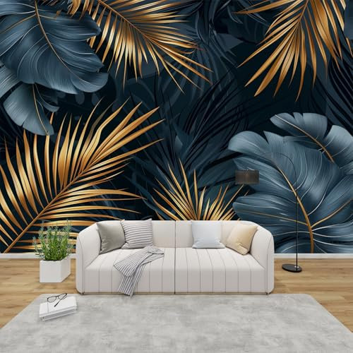 PaxGloz Fototapete Goldene Tropische Blätter Tapete Dunkelblau Luxus Palmenblatt Tapeten Vliestapete Modern Wandtapete Wohnzimmer Schlafzimmer Kinderzimmer Wanddeko Motivtapeten 150 x 105 cm (B x H)