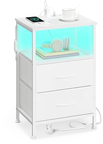 SONGMICS Bedside Table with Charging Station, Side End Table with App-Controlled Adjustable LED Lights, Modern basic, 1 Shelf, 2 Drawers, Cloud White and Matte White BELLAH Collection LGS302WH02
