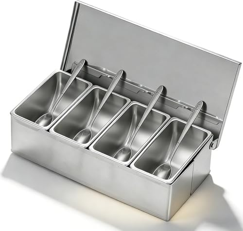 PORFOYO Edelstahl Behälter Beilagenbehälter, Zutatenbehälter 4 Fächer, Pizza-Topping-Station, 4 Gitter Gewürzbox Beilagenbehälter Für Barbehälter Zubehör, Gastro, Pizzabelagstation (Silber)