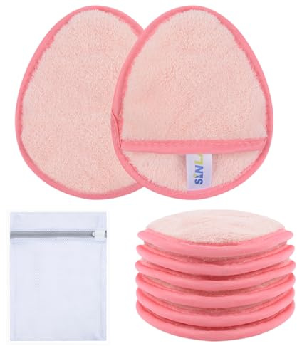 SINLAND Reusable Makeup Remover Pads for Face, 5.1x3.93in, Pink, Pack of 6 | For Eye, Lips, Microfiber, Gentle Facial Cleansing Cloths, All Skin Types, With Laundry Bag