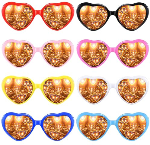 BYZESTY 8 Stück Herzbrille mit Herz-Effekt – 3D Herz Sonnenbrille Retro, Herzbrillen als lustige Partybrille für Fasching, Kostümfest, Festival & Musikparty