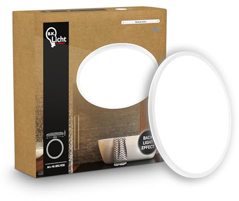 B.K.Licht - LED Deckenlampe mit indirektem Licht, Flach, Neutralweißes Licht, IP44, Panel, LED Lampe, Deckenleuchte, Badezimmer Lampe, Wohnzimmerlampe, Küchenlampe, 24x3 cm, Weiß