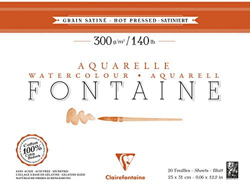 Clairefontaine - Ref 96344C - Fontaine Hot Pressed Watercolour Glued Pad (20 Sheets) - 23 x 31cm Size, 300gsm Paper - Suitable for Watercolour Artwork