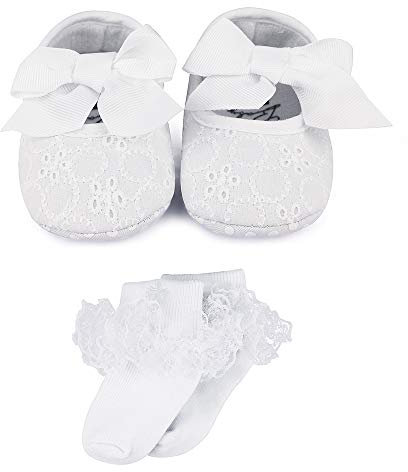 LACOFIA Scarpe Ballerine da Battesimo Bianche Suola Morbida Antiscivolo da Primi Passi per Bambina con Calzini Ricamato Neonato 12-18 Mesi