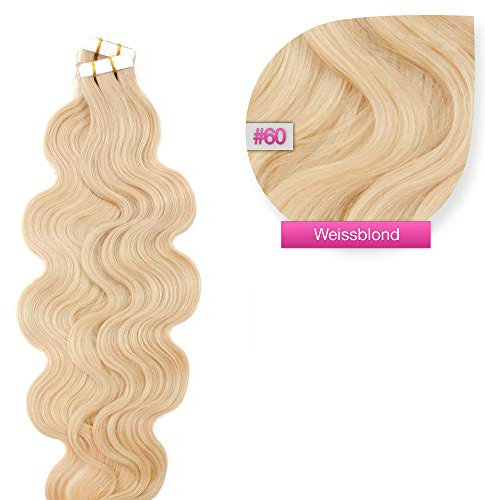Tape in Extensions gewellt Extensions zum Einkleben 30 Strähnen 60cm wellig wave Haarverlängerung, Haarverdichtung Remy Human Hair Echthaarverlängerung - #60 Weíßblond