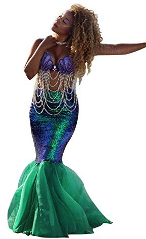 Loalirando Damen Meerjungfrau Kostüm Halloween Mermaid Bühnenkostüme Pailletten Maxirock Cosplay Karneval Abendkleid (Grün, S)