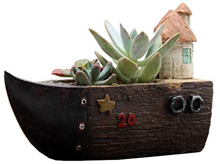 JK Home Flower Plant Pot - Wooden Boat - Indoor & Outdoor Succulent Cactus Small Planter Pots