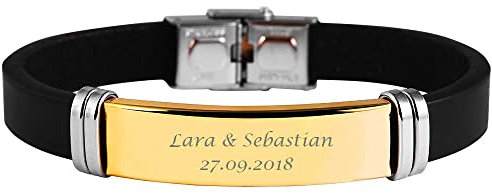 Hanessa Personalisiertes Armband mit Gravur für Männer und Frauen Edelstahl Leder schwarz gold Länge 22 cm | Personalisierte Armbänder mit Namen Herren Damen