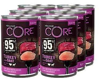 Wellness CORE 95 % Pute & Ziege, Hundefutter nass, Pastete, 6 x 400 g, ohne Zuckerzusatz, getreidefrei, mit hohem Fleischanteil und ausgewählten Zutaten