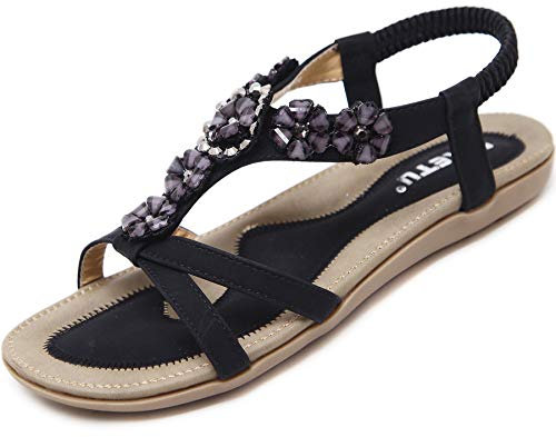 Acfoda Sandali Donna Estive Comodi Ortopedico Strass Bohemia Infradito da Spiaggia Bassi Flip Flop Eleganti Scarpe Nero 39