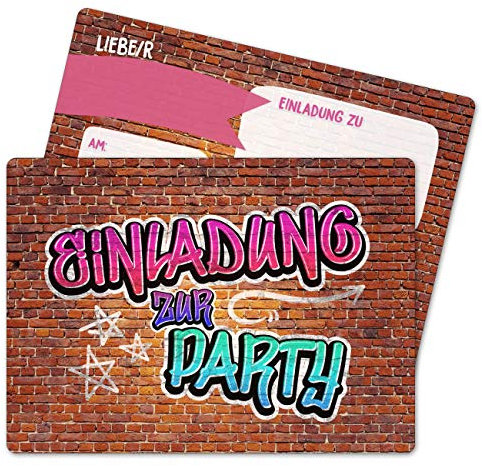 Papierdrachen 12 Einladungskarten zum Geburtstag für Teenager Mädchen - Motiv Grafitti pink - Geburtstagseinladungen für deine Geburtstagsparty (DIN A6 mit abgerundeten Ecken)