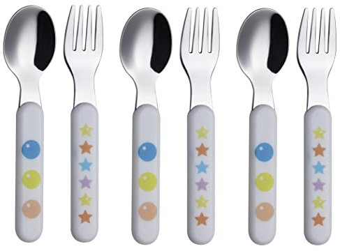 Exzact Cubiertos infantiles 6 piezas de acero inoxidable 18/10-3 x tenedores, 3 x cucharas de cena, mango de plástico, Cubertería infantil sin BPA - estrellas y puntos