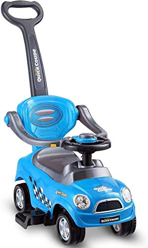 GYMAX 3 in 1 Ride on Push Car, Kids Licensed Push Along Car with Handle, Horn, Armrest Guardrails & Storage Compartment, Baby Sliding Car for 2-6 Years Old Toddler (Blue)